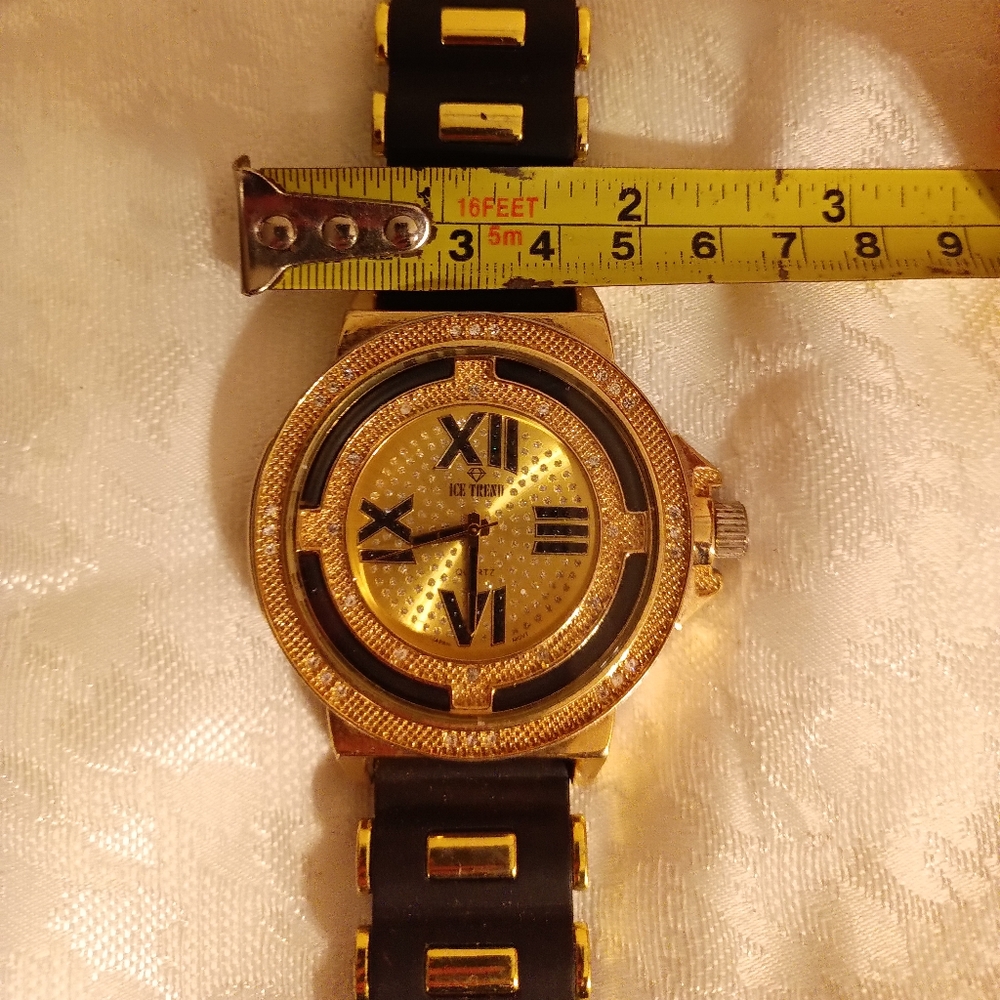 Ice Trend big bling men's gold tone and black rubber watch band - Picture 4 of 6
